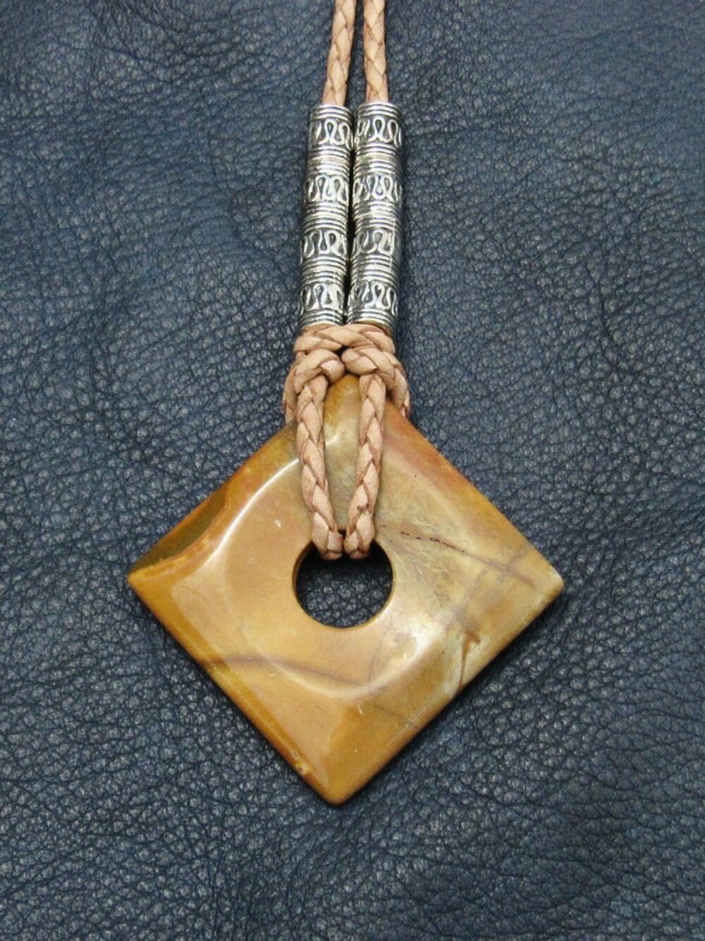 Red Creek Jasper Stone, Braided Tan Leather Silver Bead Necklace, 32 Inches Long